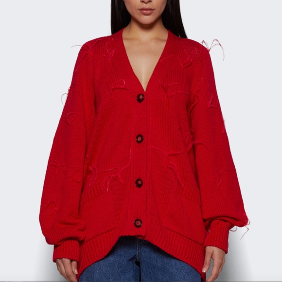 MARQUES' ALMEIDA Oversized feather-trimmed cotton cardigan - Red - Picture 1 of 5